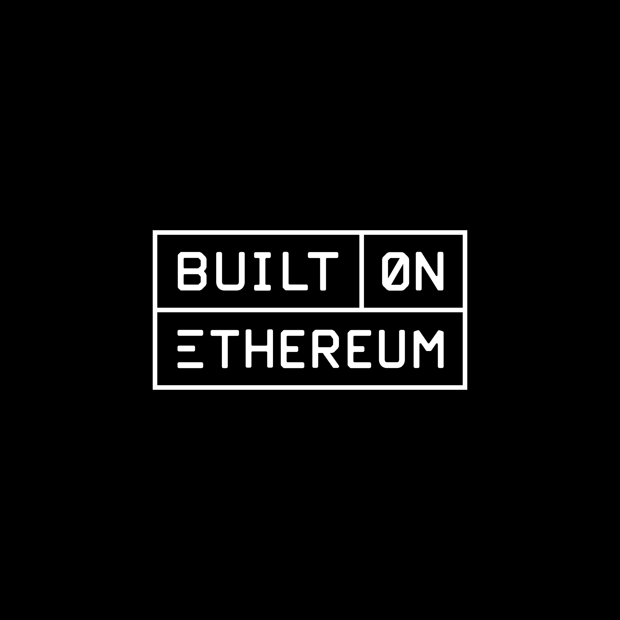 Built on Ethereum: a white lockup of bordered cells reading BUILT ØN ETHEREUM on black